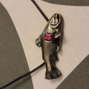 Vintage Oxidized Silver Salmon Necklace with Red Gemstone